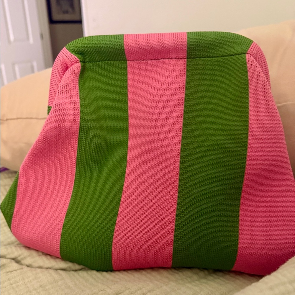 Striped Pink and Green Clutch Purse with snap back opening - Picture 3 of 3